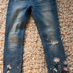 Zara Blue Embroidered Skinny Jeans with Distressed Details